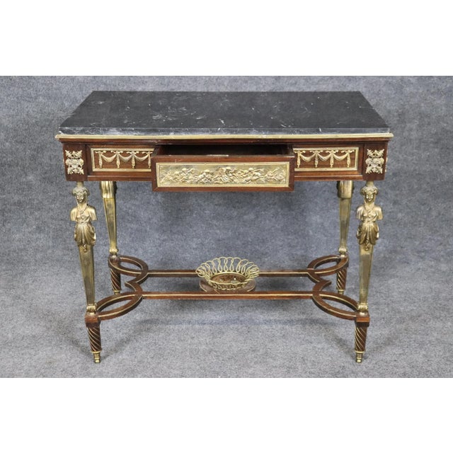 French Bronze Figural and Basket Mounted Desk Center Table Manner of Adam Weisweiler For Sale - Image 3 of 12