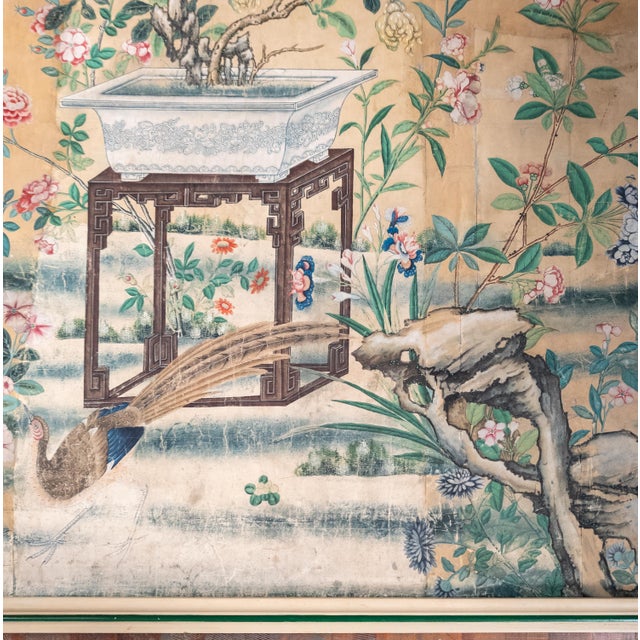 Wood 18th Century Chinese Watercolor Wallpaper Painting Bird of Paradise Floral Garden For Sale - Image 7 of 15