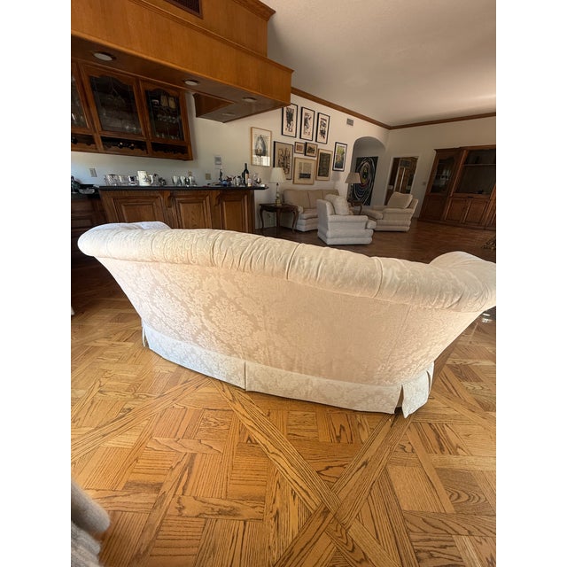 1990s Baker Hollywood Regency Suite C1990: Tufted Chesterfield Sofa, Tufted Barrel Club Chair, Rolled-Arm Club Chair For Sale - Image 5 of 16