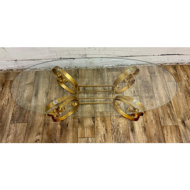 Vintage Hollywood Regency Gold Wrought Iron Glass Top Oval Coffee Cocktail Table For Sale - Image 4 of 12