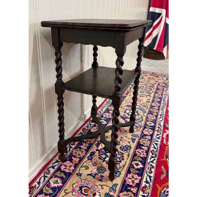 Antique English Flip Top Game Table Barley Twist Side Table Carved Oak C. 1930s For Sale - Image 13 of 17