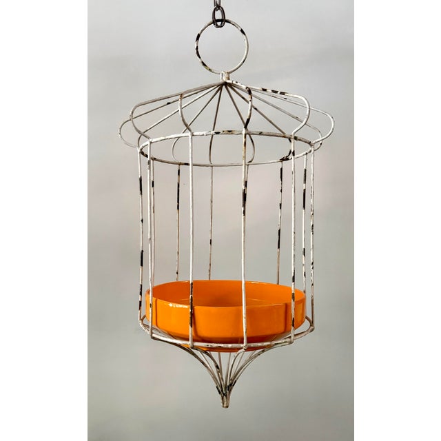 Mid-Century Modern Mid-Century Modern White Wire Hanging Birdcage Plant Stand With Orange Ceramic Planter For Sale - Image 3 of 7