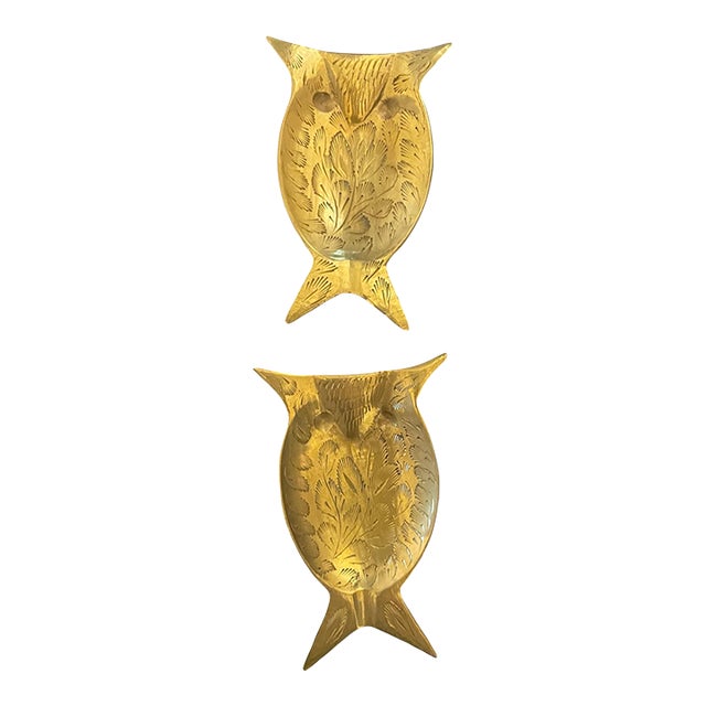 Pair of Vintage Midcentury Owl Etched Brass Trinket/Ring Dish For Sale