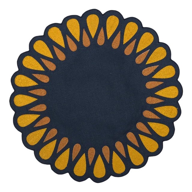 DROPS Off Navy/Mustard Embroidered Linen Placemat from Los Encajeros For Sale