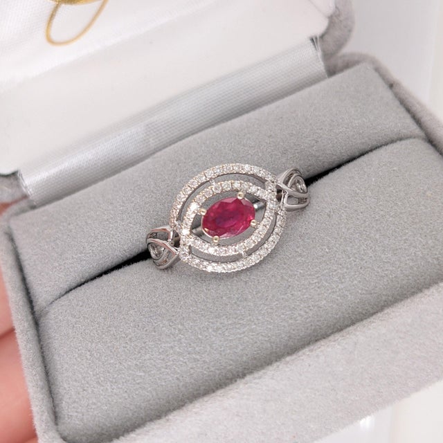 Red Celtic Inspired East West Mozambique Ruby and Natural Diamond Ring in 14k Gold, Size 6.75 For Sale - Image 8 of 11