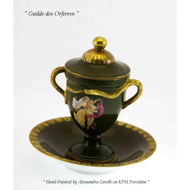 Bottle Green 1990s Vintage/New KPM Collectors Serpent Handles Cup With Lid & Saucer With Bacchus & Ariadne Painting For Sale - Image 8 of 15