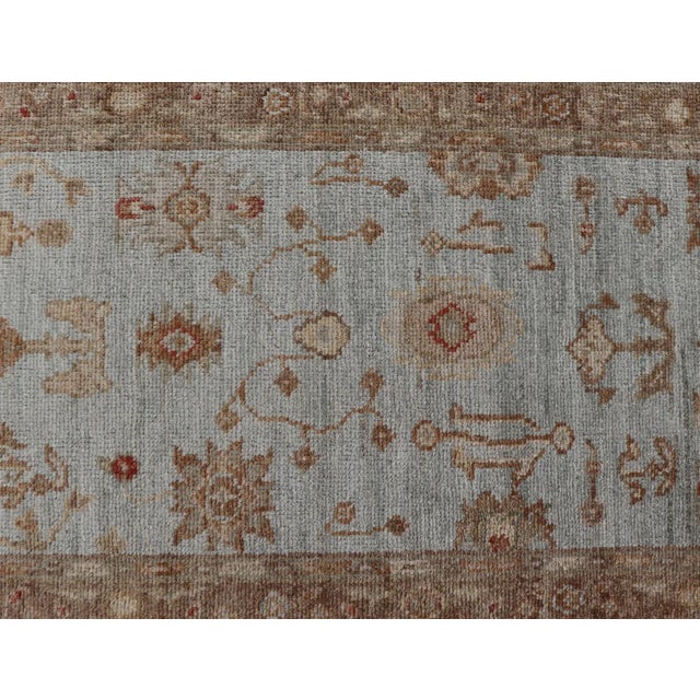 Sky Blue Angora Oushak Turkish Runner in Sky Blue, Brown and Red For Sale - Image 8 of 13