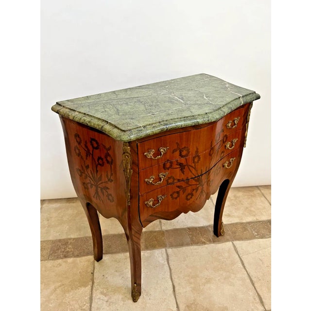 Wood 1900s Antique French Small Bombe Commode with Green Marble Brass Ormolu For Sale - Image 7 of 11