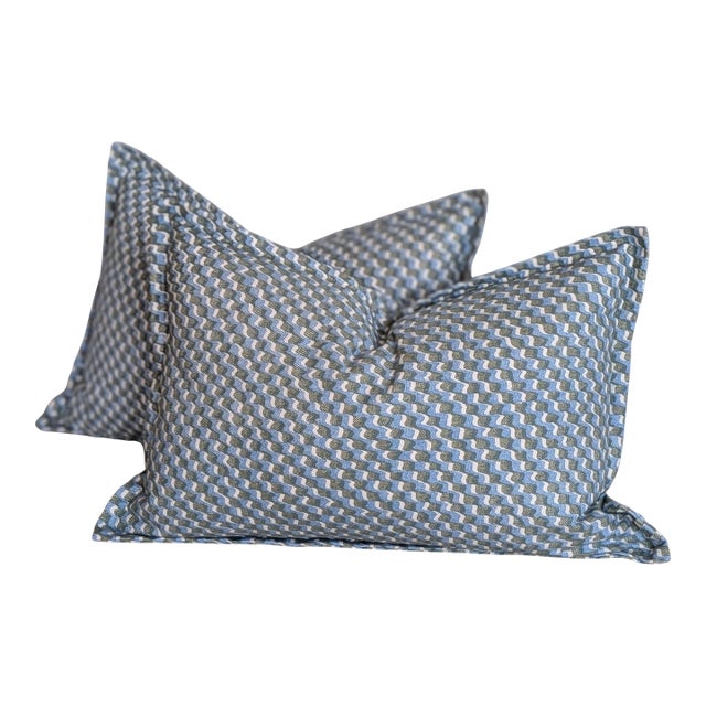 Fermoie Ruffle Lumbar Pillows With Mini Flange in Blue & Green For Sale