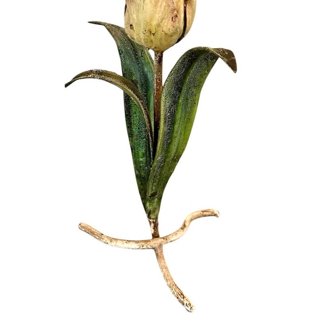 French Vintage Italian Hand Painted Tole Tulip Candle Holders / Botanical Floral Candlesticks, a Pair For Sale - Image 3 of 5