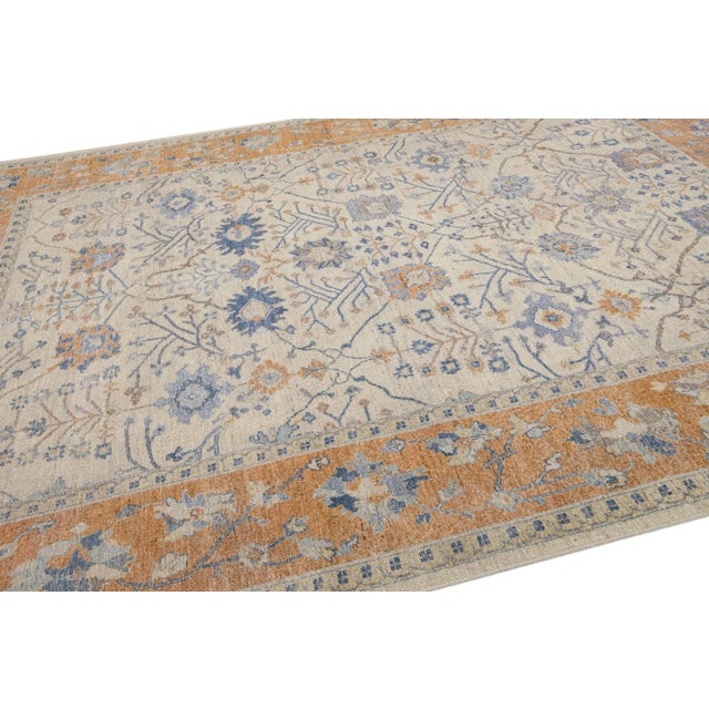 Apadana's Artisan Collection Handmade Floral Designed Beige and Orange Wool Rug For Sale In New York - Image 6 of 7
