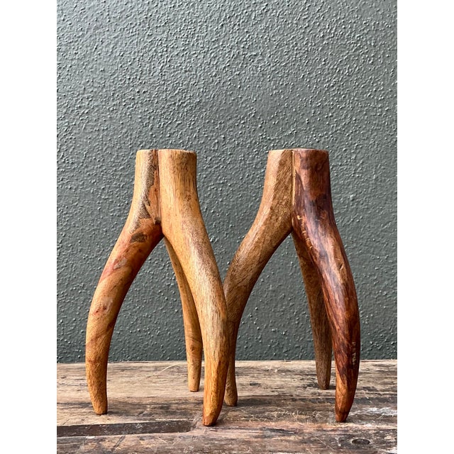 Late 20th Century Vintage Carved Wood and Brass Antler Candlesticks - A Pair For Sale - Image 5 of 12