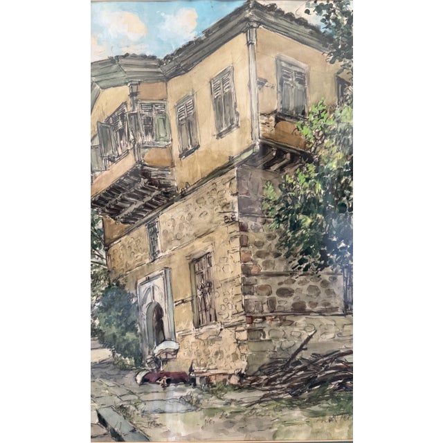 Paint Framed Watercolor on Paper Turkish Brick House by Nimetullah Gerasim For Sale - Image 7 of 12