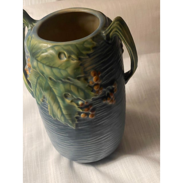 Blue Vintage Roseville Pottery Bushberry Blue Asymetrical Art Deco Vase #31-7" For Sale - Image 8 of 12