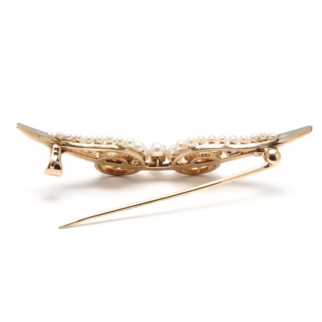 1900 - 1909 Antique .50ctw Diamond & Seed Pearl Wings Brooch, 14k Yellow Gold, Victorian For Sale - Image 4 of 5