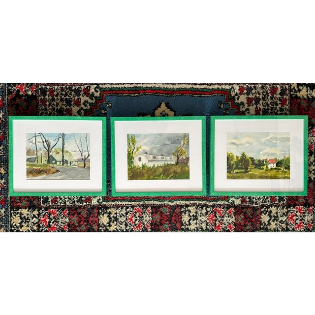 Green Late 20th Century Vintage Watercolors of Homes Among Trees in New Modern Green Glazed Frames - Set of 3 For Sale - Image 8 of 10