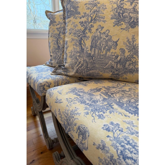 Textile A Pair of Custom Butter Yellow and Blue Toile Pillow Shams For Sale - Image 7 of 10