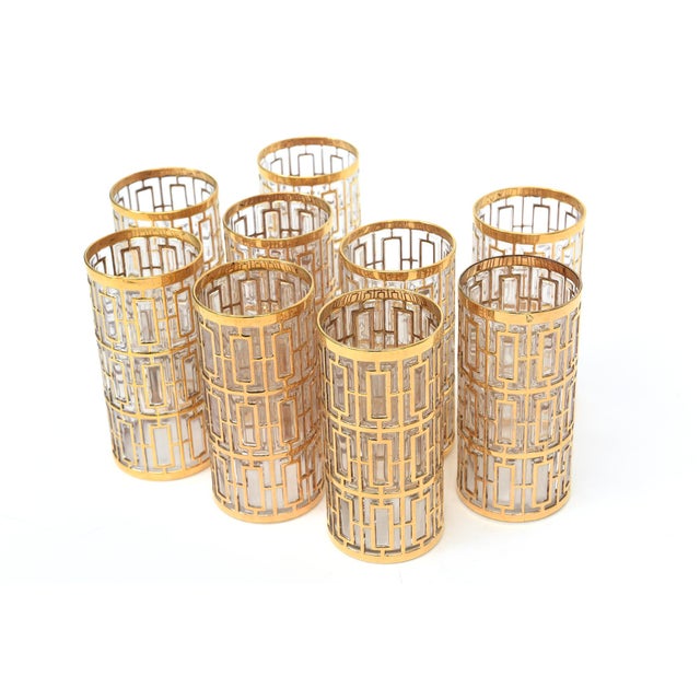1960s Vintage Signed 22 Carat Gold Overlay Imperial Greek Key Shohji Screen Trellis Highball Glasses Set of 9 For Sale - Image 5 of 12