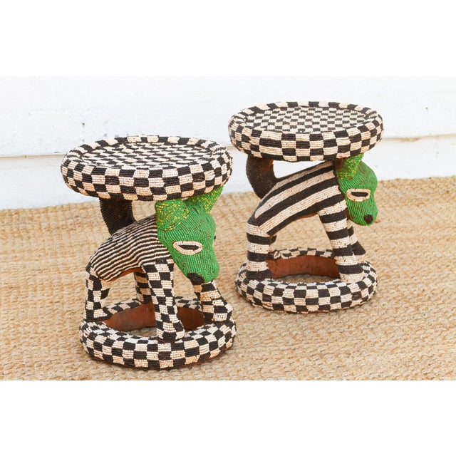 Wood Pair of Vintage Beaded Bamileke Leopard Stools For Sale - Image 7 of 10