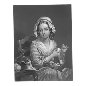 John Sartain Mezzotint Woman With Yarn and Kitten After Thomas Sully