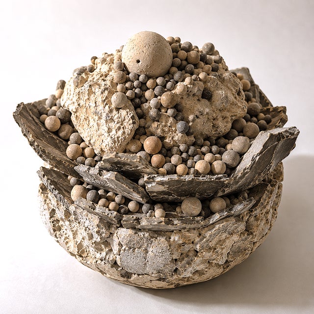 A unique contemporary sculpture with organic and mineral forms, created using mixed media, by Anita Tullio. The...