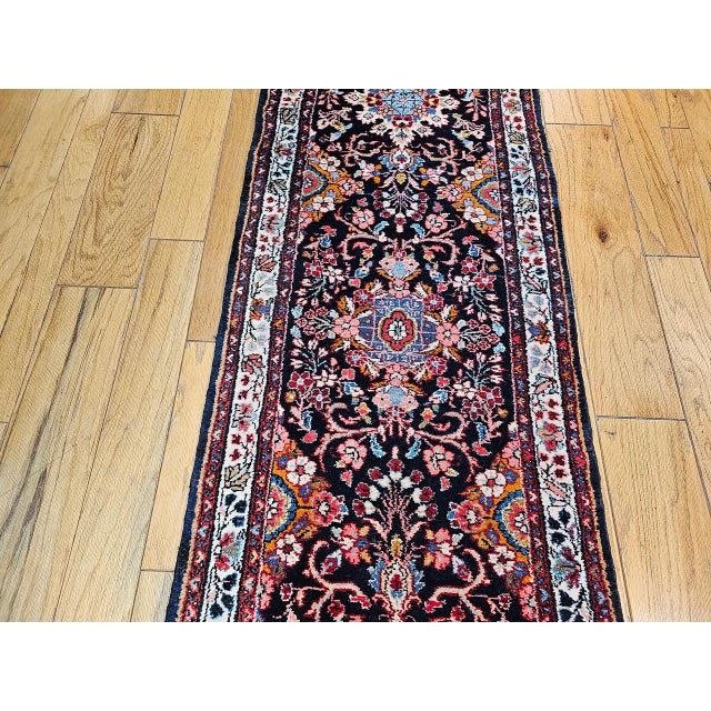 Vintage Bakhtiari Tribal Runner, Hand-Knotted Wool, Floral Bouquets & Medallions, Navy & Ivory, 3x12 For Sale - Image 10 of 16