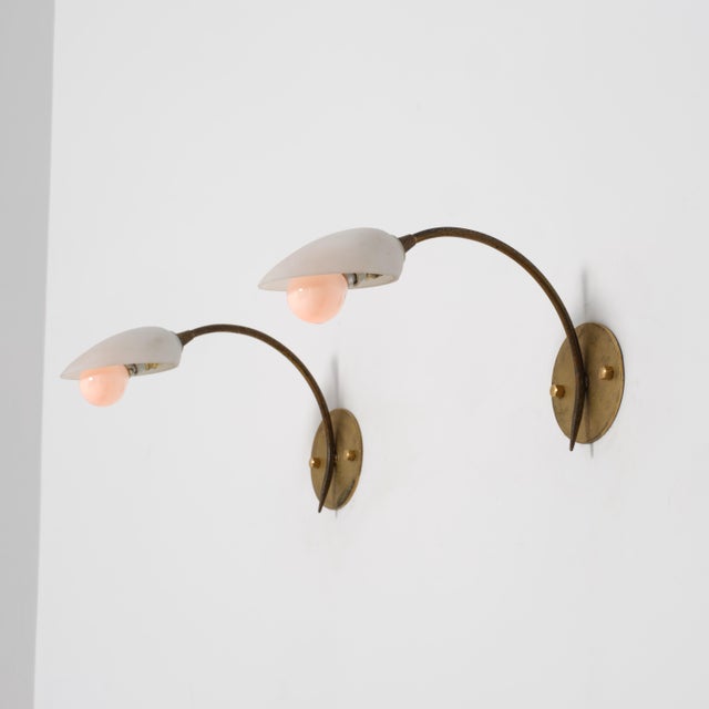 Italian Curved Brass and Opaline Glass Sconces, 1950s, Set of 2 For Sale - Image 6 of 13
