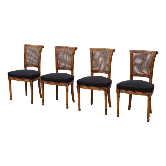 c.1940s Directoire Neoclassical French Regency Fruitwood Cane Back Dining Chairs, Set of 4 For Sale