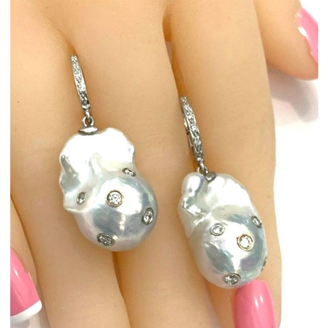 Traditional Diamond Fresh Water Pearl Earrings 14k Gold Large Certified For Sale - Image 3 of 8