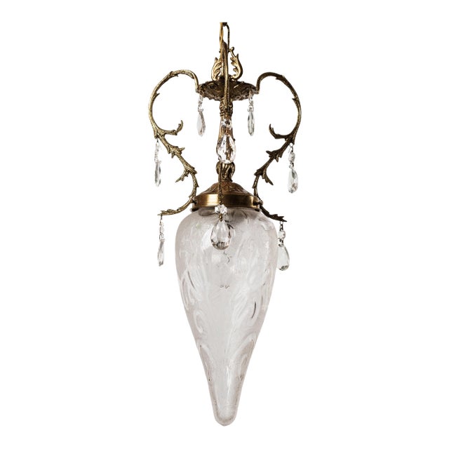 1960s Spanish Empire Style Cast Brass and Crystal Pendant Light For Sale
