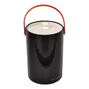 1970s Morgan & Company Bucket Brigade Ice Bucket Pop Art Glossy Black Vinyl Red Handle Lucite Knob