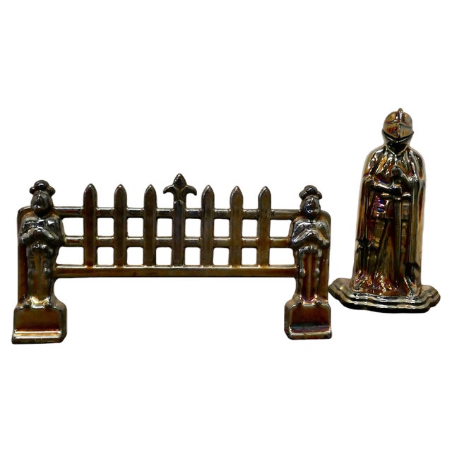 Enamelled Knight Fireside Companion Set and Matching Fender, 1930s, Set of 2 For Sale