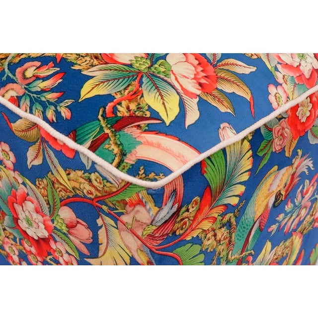 Blue Shabby Chic Edwarain Bird Print Velvet Handmade Ottoman For Sale - Image 8 of 10