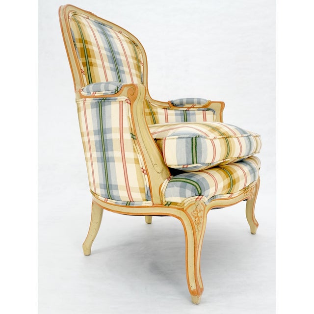 Funky Upholstery Painted & Carved Frame French Ballon Back Arm Lounge Chair MINT For Sale - Image 15 of 16