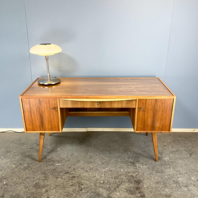 Vintage Desk in Walnut with Glass Top, 1950s For Sale - Image 4 of 14