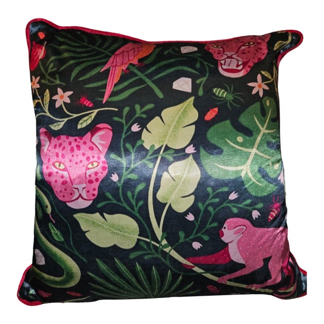 Maximalist Tropical Jungle Animal Print Pillow, 20" Square For Sale