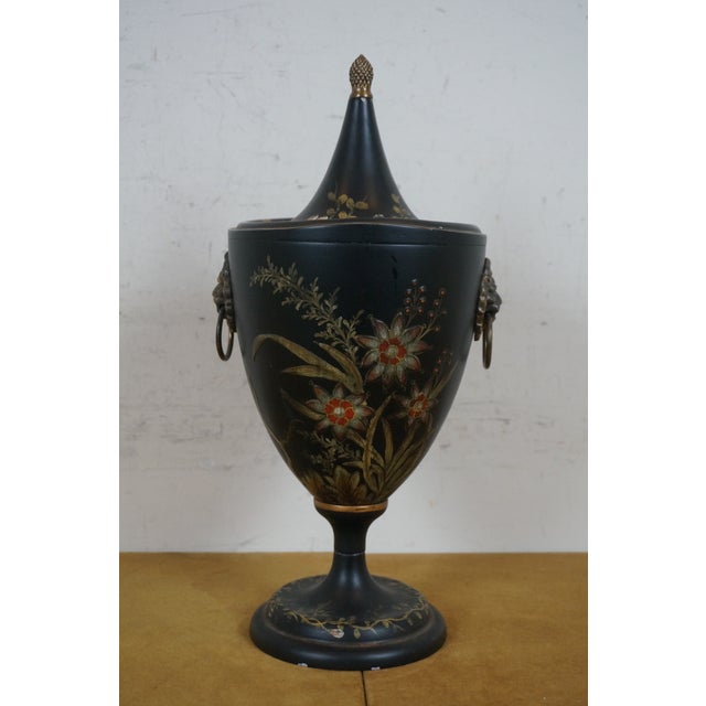 Vintage Black Toleware Floral Lions Head Chestnut Trophy Mantel Urn For Sale - Image 4 of 12
