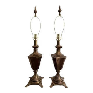 Pair of Vintage Hollywood Regency Faceted Solid Brass Table Lamps For Sale