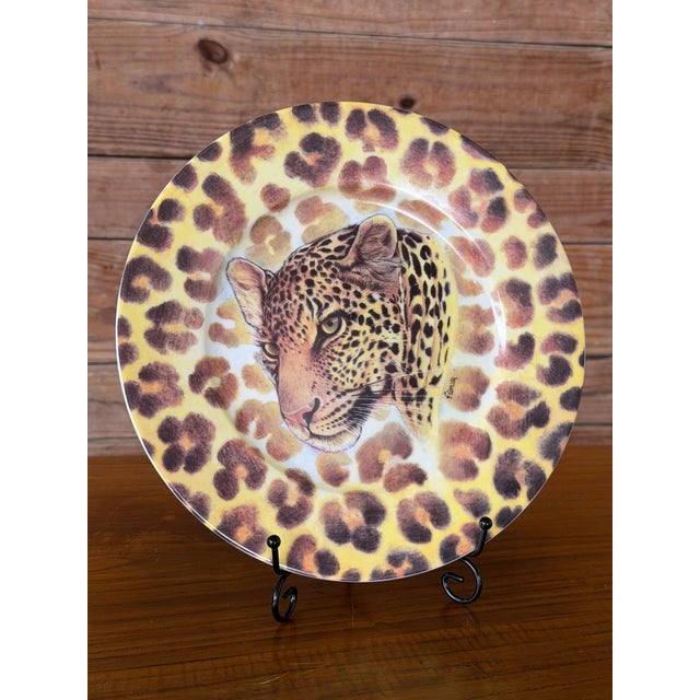 1990s Vintage I. Godinger 1855 Email De Limoges Leopard Safari Cabinet Plate by Fiorilli For Sale - Image 5 of 12
