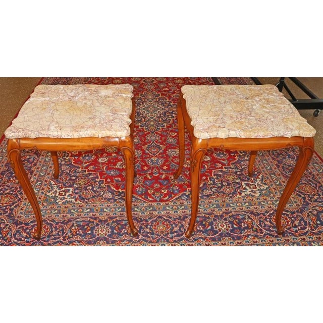 Pair of Vintage Marble Top Walnut Louis XV French Style End Tables For Sale - Image 10 of 15