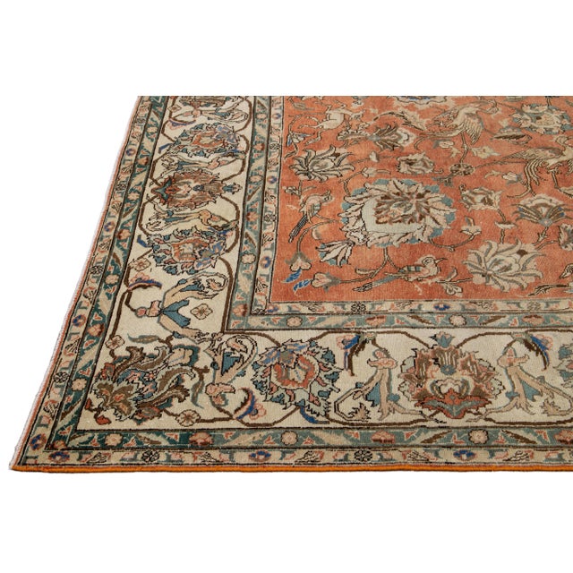 1920s Rust Antique Persian Tabriz Handmade Allover Floral Wool Rug For Sale - Image 5 of 11