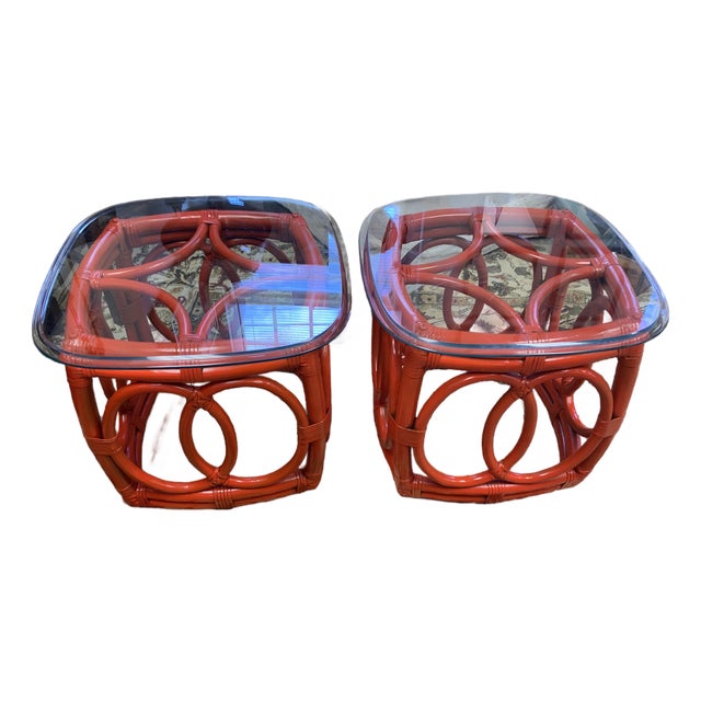 Mid 20th Century Rattan Side Tables With Glass Top For Sale