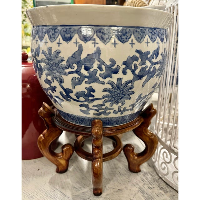 Chinoiserie Chinoiserie Blue & White Jardiniere & Wood Stand For Sale - Image 3 of 4