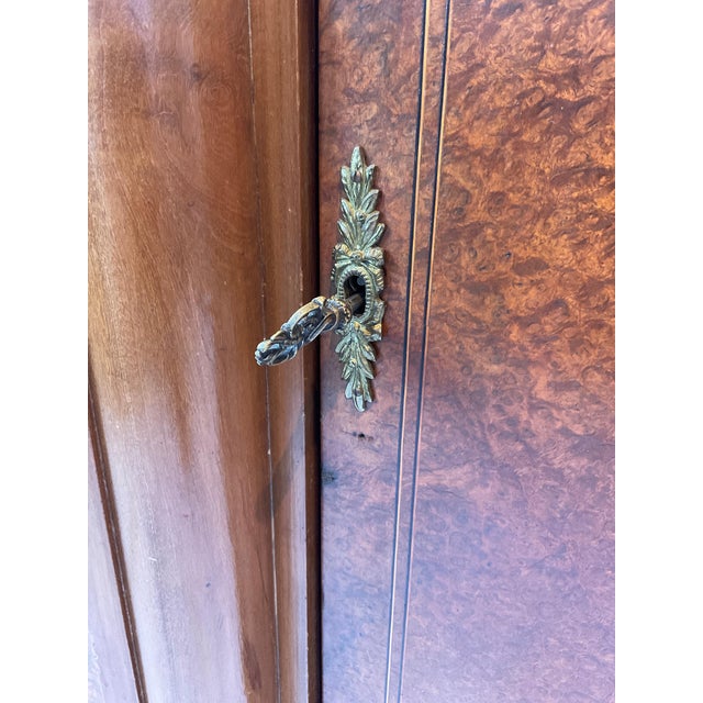 1920s French burlwood inlaid server , bronze mounts, thick marble top.