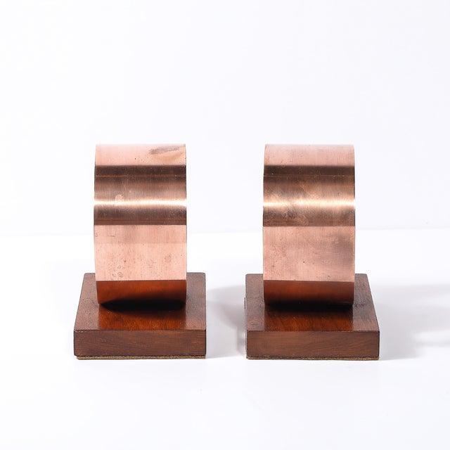 Copper Pair of Art Deco Machine Age Loop Form Bookends in Copper & Walnut For Sale - Image 8 of 10