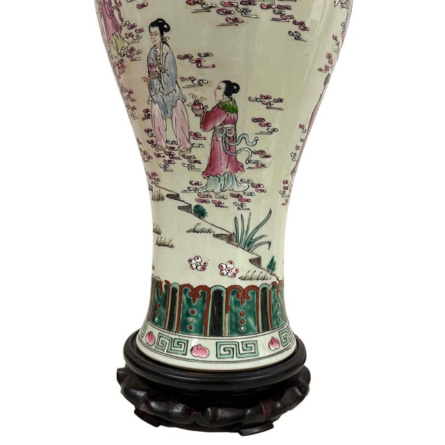 Pink Mid-20th Century Vintage Chinese Hand-Painted Porcelain Vase Table Lamp For Sale - Image 8 of 18