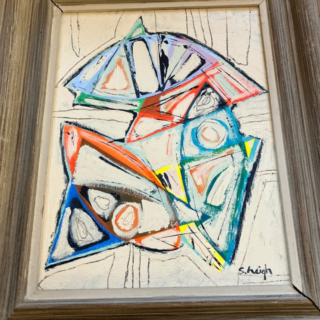 Original 12 x 16 painting on canvas board signed bottom right Overall size with mid century modernist frame is 18.5 x 22.5...