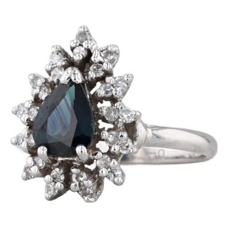 1.20ctw Pear Blue Sapphire Diamond Halo Ring 14k White Gold Engagement Size 6.5 For Sale