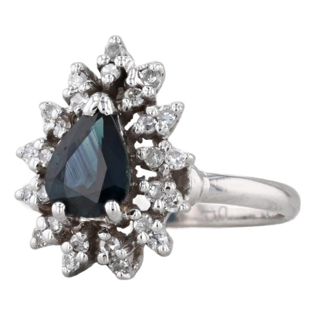 1.20ctw Pear Blue Sapphire Diamond Halo Ring 14k White Gold Engagement Size 6.5 For Sale