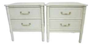 1970s Hollywood Regency Faux Bamboo Nightstand Original Henry Link Two Drawer Sage Set of 2
